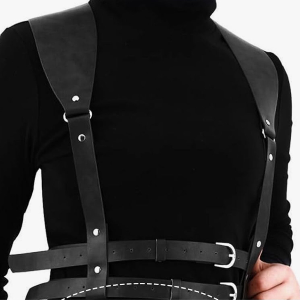 Black vegan faux leather buckle strap harness bondage goth punk waistbelt rave